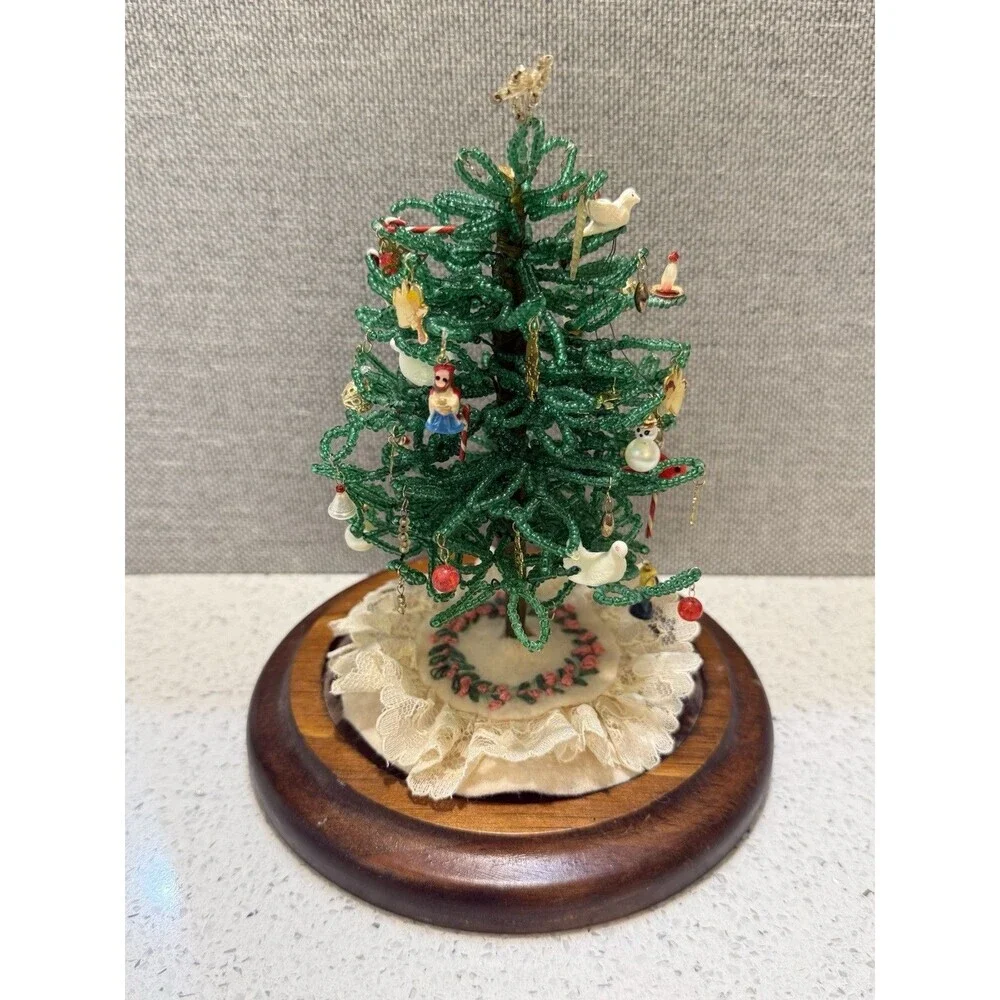 Vintage Westrim Beaded Christmas Tree Ornaments Wood Base No Glass Dome 6